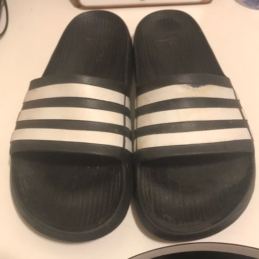 Adidas Black Slide Sandals with White Stripes Size 9
